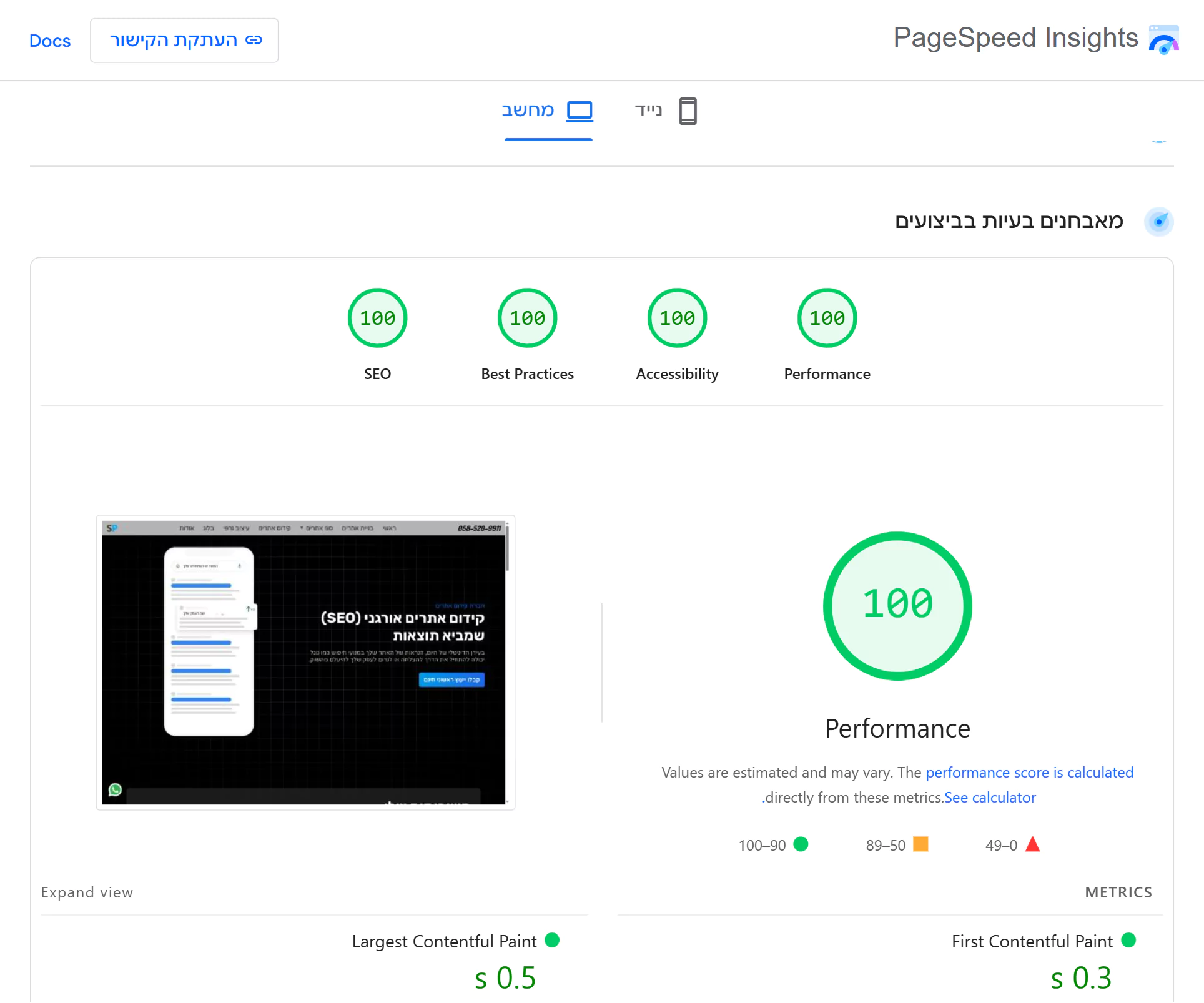 PageSpeed אחרי אופטימיזציה